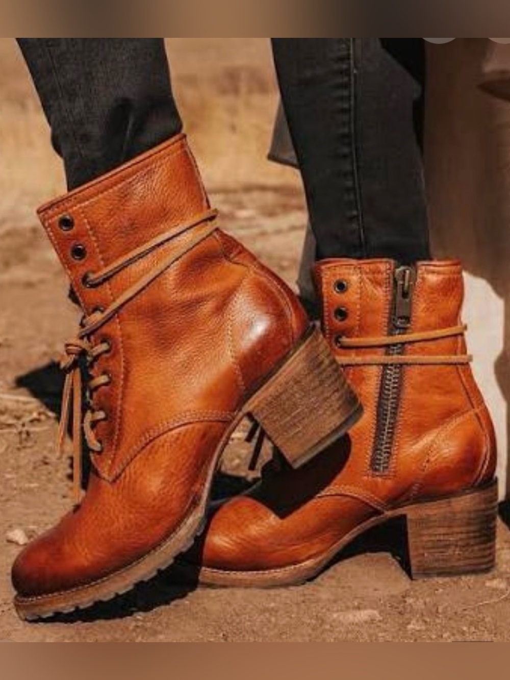 Free Bird Tan Leather Cavalier Lace-Up Ankle Boots with Side Zip GUC 1328